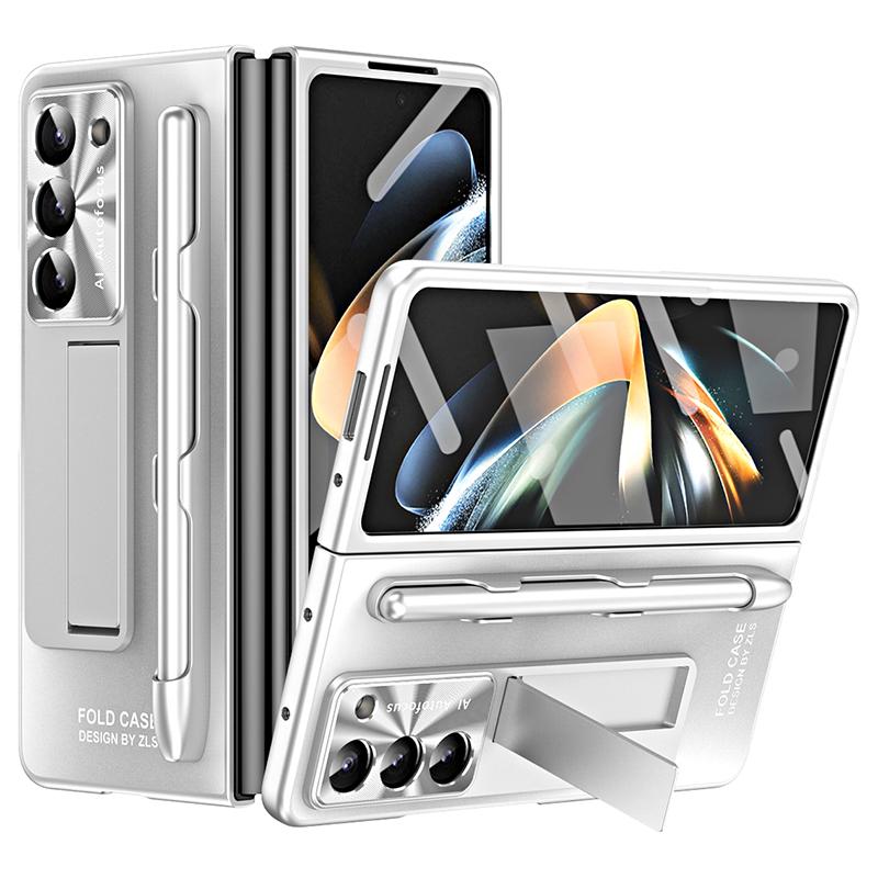 

For Samsung Galaxy Z Fold6 5G AG Case Kickstand Matte PC Phone Cover with Tempered Glass Film/Stylus Pen Silver