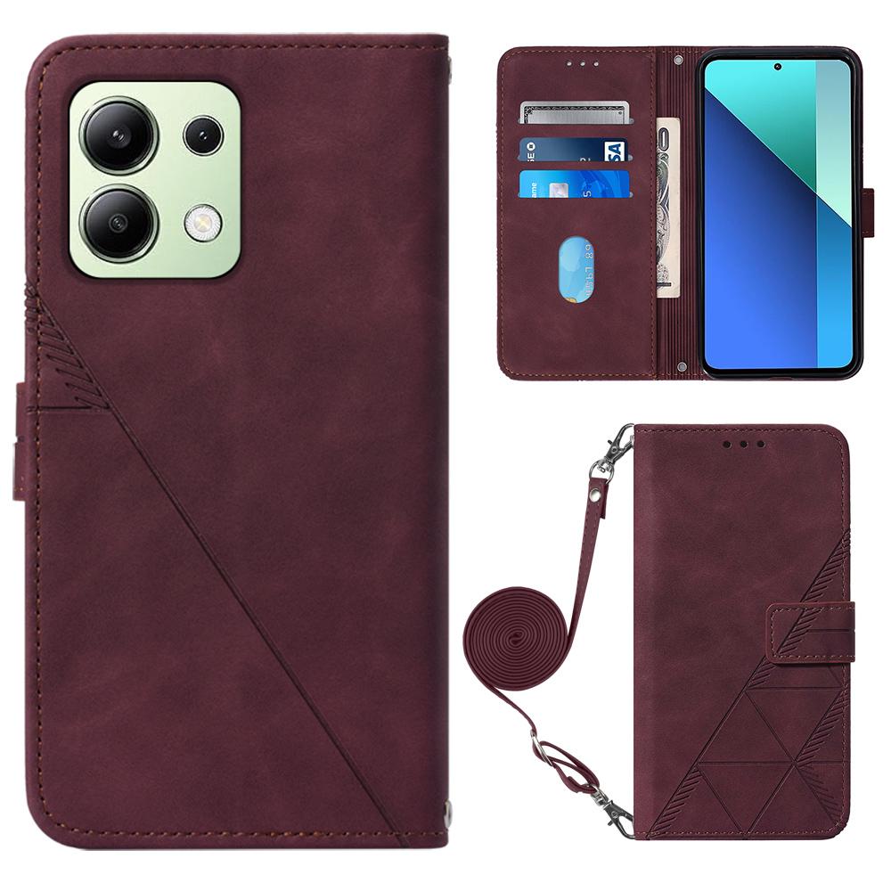 

For Xiaomi Redmi Note 13 4G Leather Case with Shoulder Strap Wallet Stand Phone Cover Wine Red