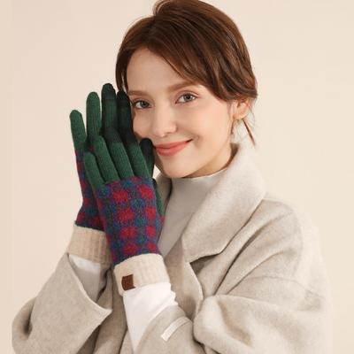 Adult Wool Winter Gloves Women's Plaid Outdoor Warm and Cold-proof Velvet Knitted Cycling Full-finger Gloves