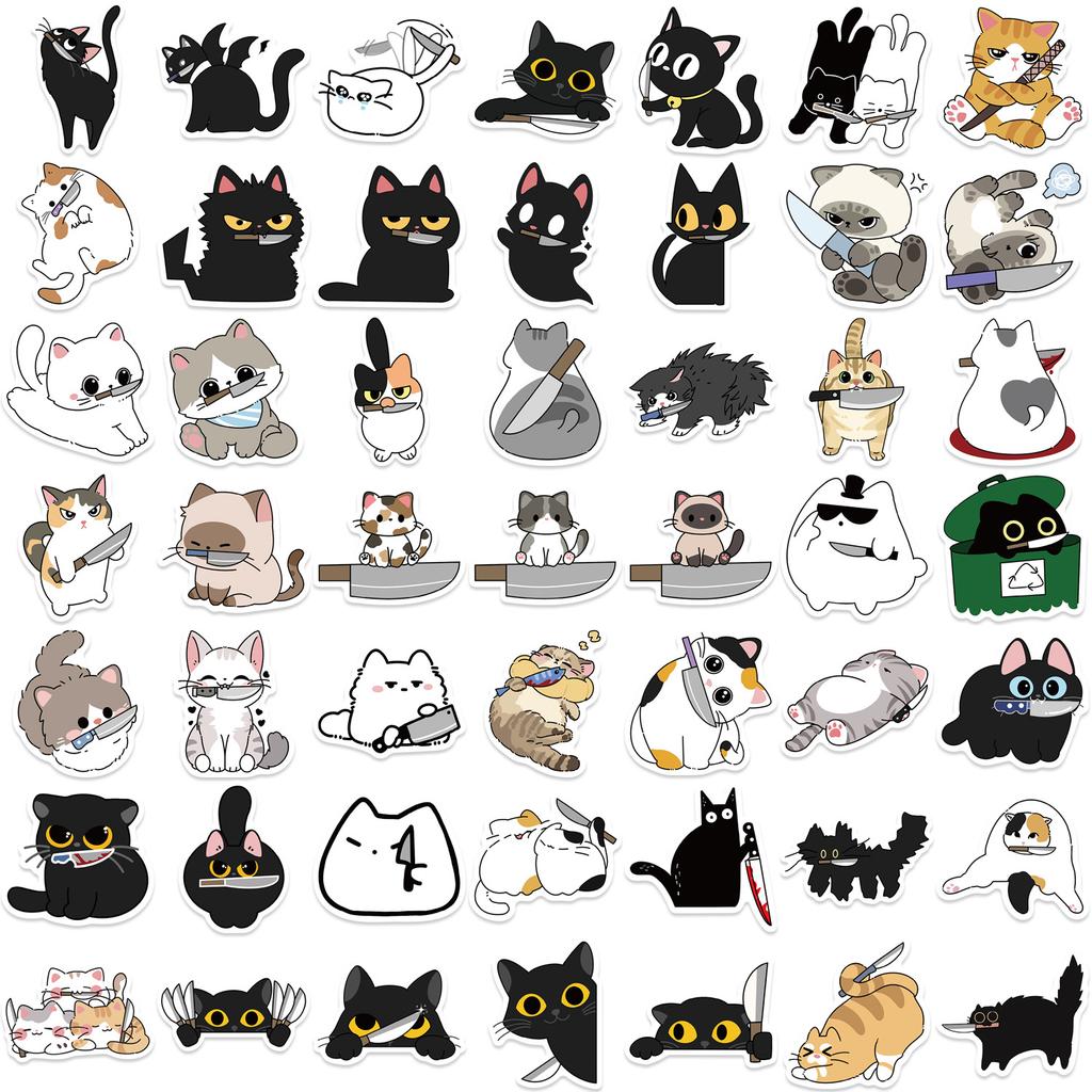 50 Cartoon Kitten with Knife Graffiti Stickers Decorate Guitar Notebook Suitcase DIY Waterproof