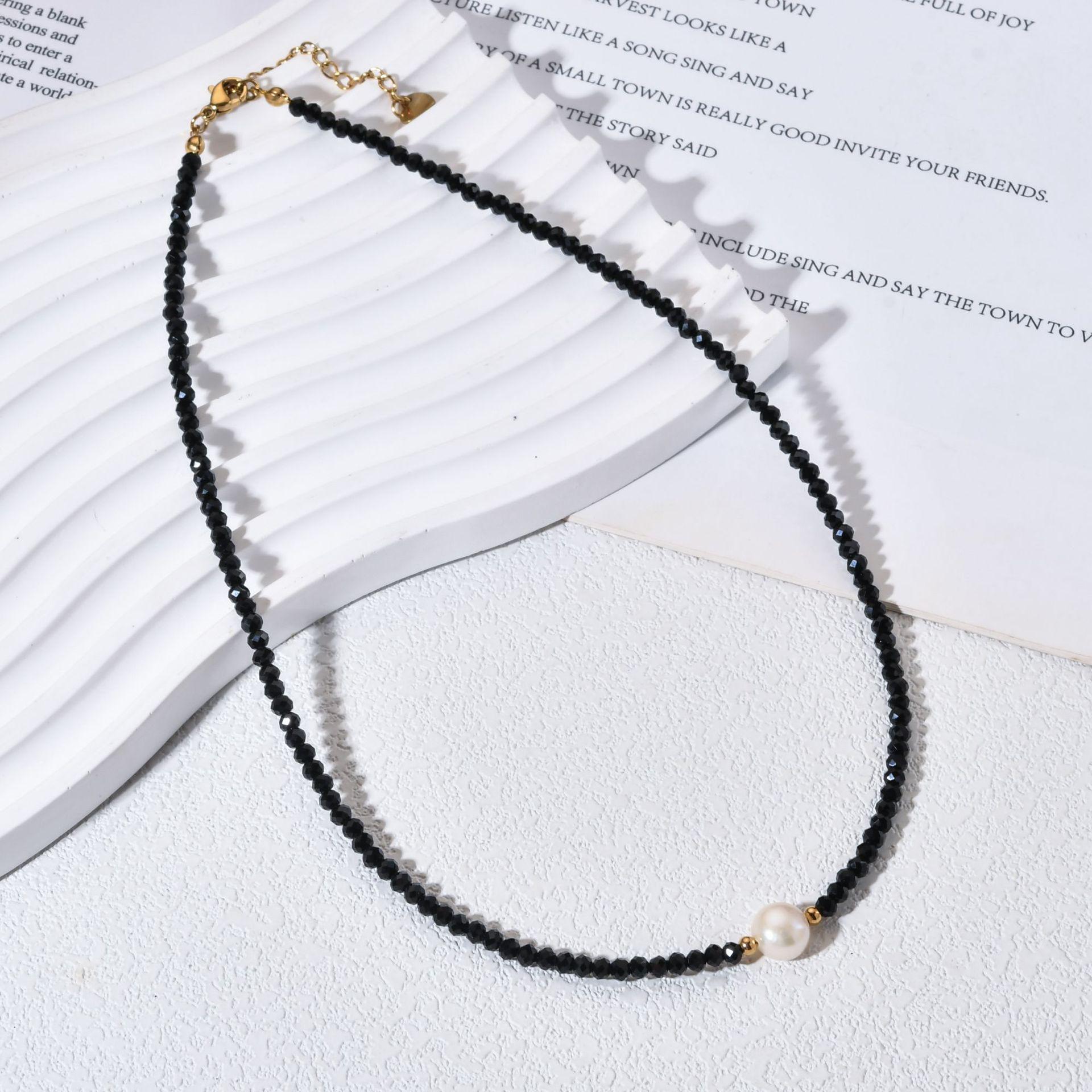 Exquisite Freshwater Pearl & Black Crystal Stainless Steel Clavicle Necklace