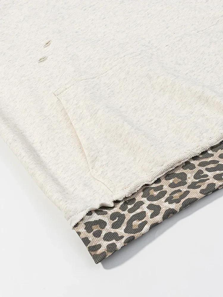 Y2k Vintage Two-in-one Leopard Print Hoodie Women Contrast Full Sleeved Dropped Shoulder Loose Hooded Sweatshirt Winter Hoodies
