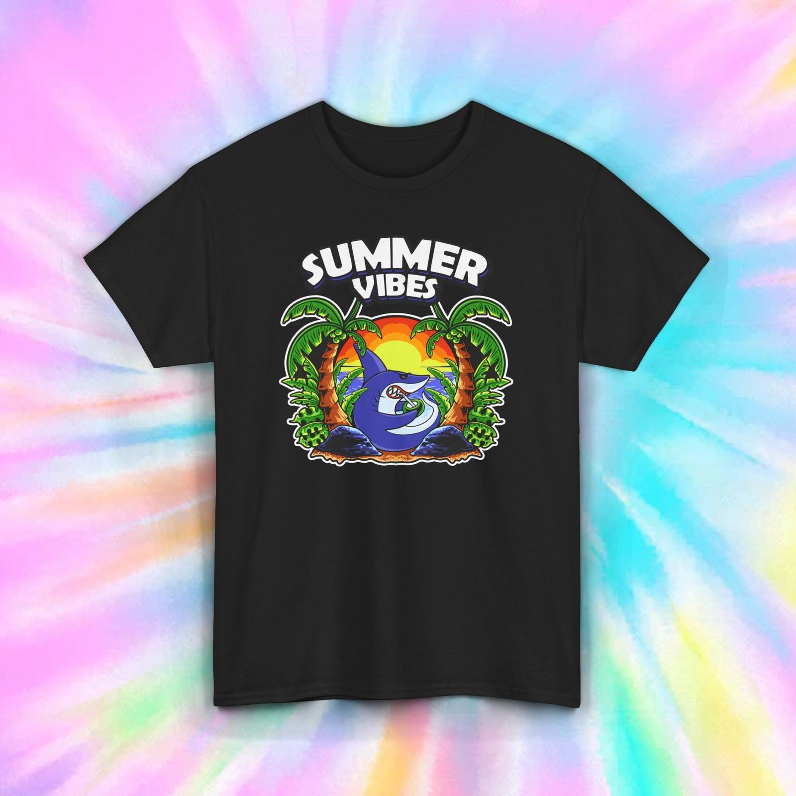Summer Vibes Shark T-Shirt Mens Womens Tees Top Tropical Beach Vacation Funny Gift Graphic S-5XL L