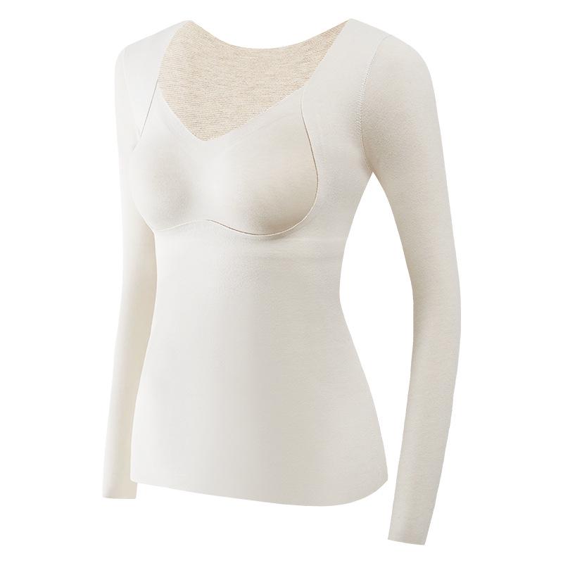 "8829 Plus Size Women's Wool Silk Velvet Thermal Underwear with Chest Pad - Long Sleeve Top"