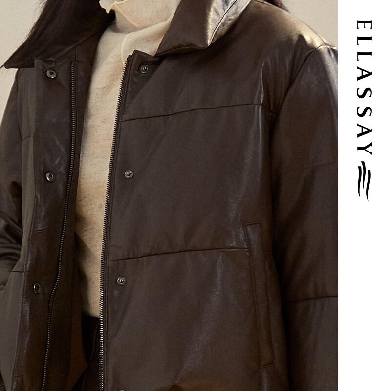 ELLASSAY Women's Simple Lapel Goose Down PU Leather Short Jacket