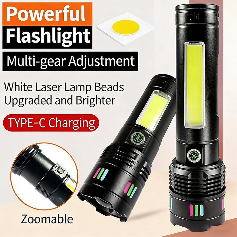 High Power LED Handheld Flashlight,5 Modes, Adjustable Beam, Type-C Fast Charging, Rechargeable Battery, Aluminum Alloy, with USB Cable