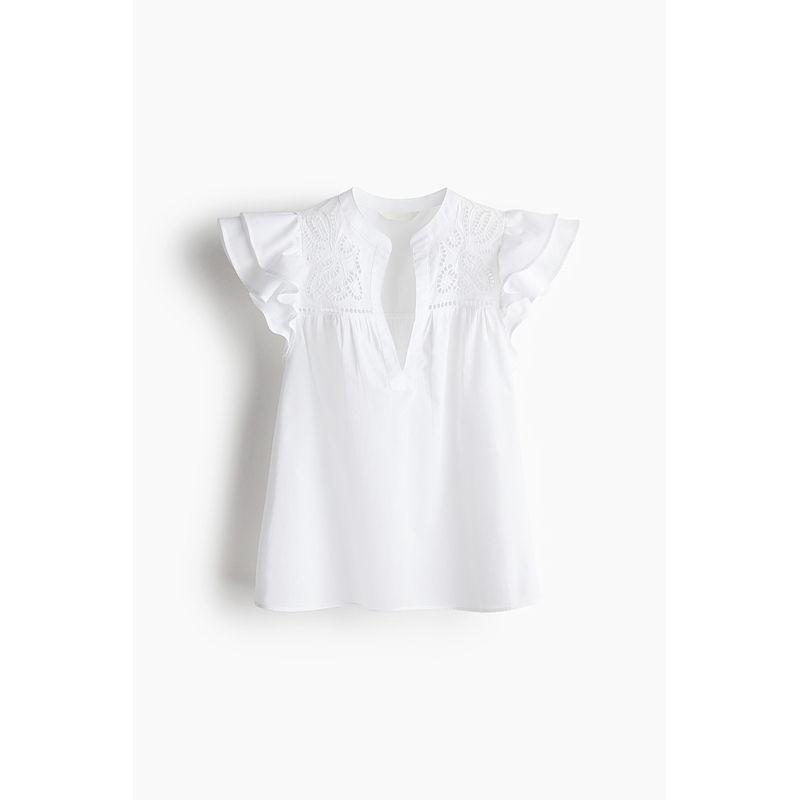 

HM Women s Shirt 2025 Autumn New Arrival Embroider Elegance Gathers Cut Out Loose Short Sleeve Tops 1281510 White 155/76(XXS)