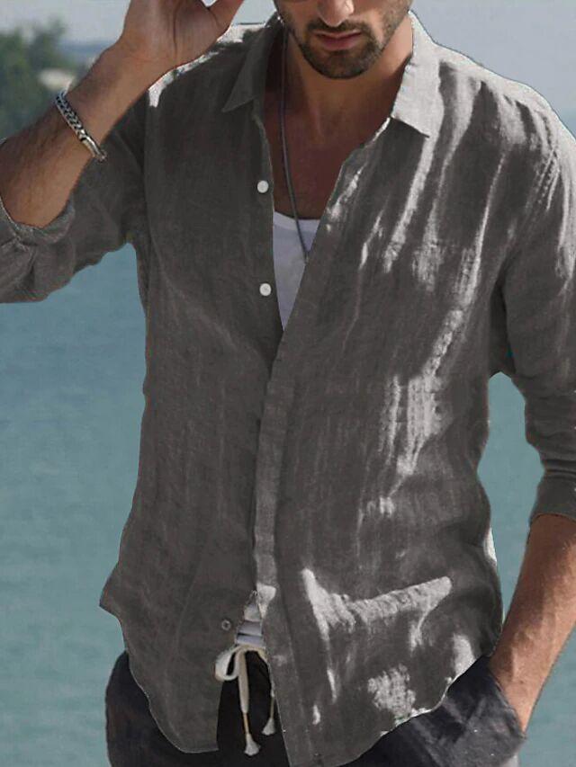 Men's Cross-Border Linen Spring and Summer Beach Long Sleeve Solid Color Casual Shirt Daily Shirt