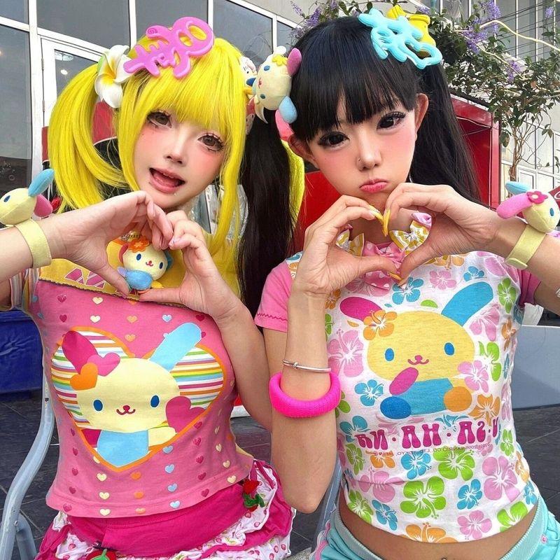 

Subculture Y2g Millennium Japan fashion Secondary Yuan Yabi House Cute Rice Flower Rabbit Children s Fun T-shirt Women Summer Short sleeve Top Pink white rice flower rabbit S