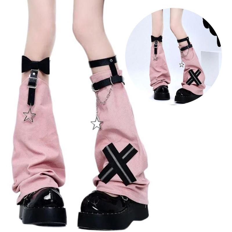 Aesthetic Vintage Crosses Stitched Leg Warmer for Women Harajuku Streetwear Punk Leather Buckle Garters Leg Sleeve Cover