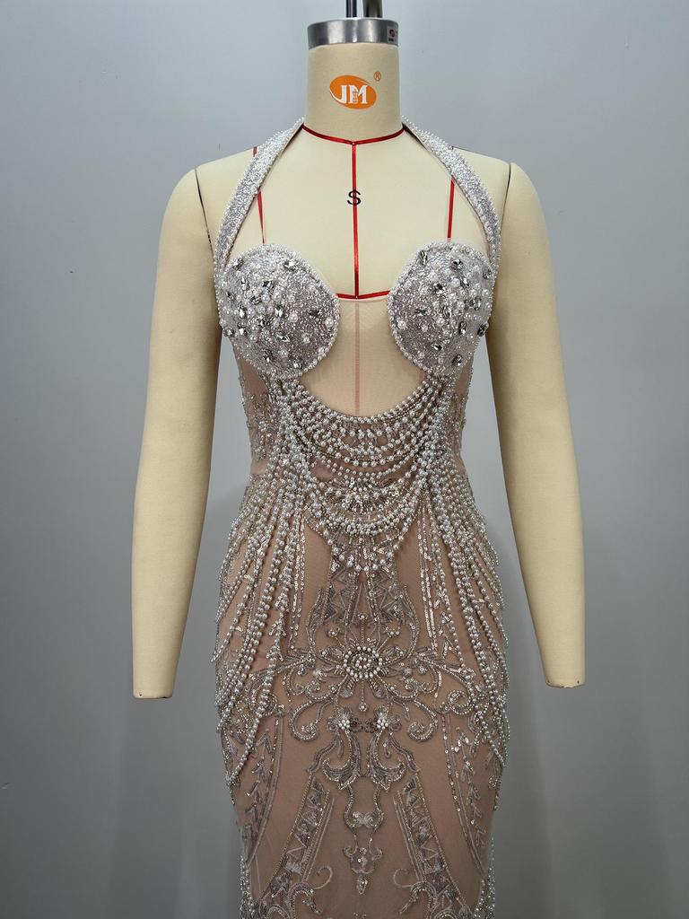 Halter U-Neck Sequined Mesh Bodycon Fishtail Party Wedding Dress