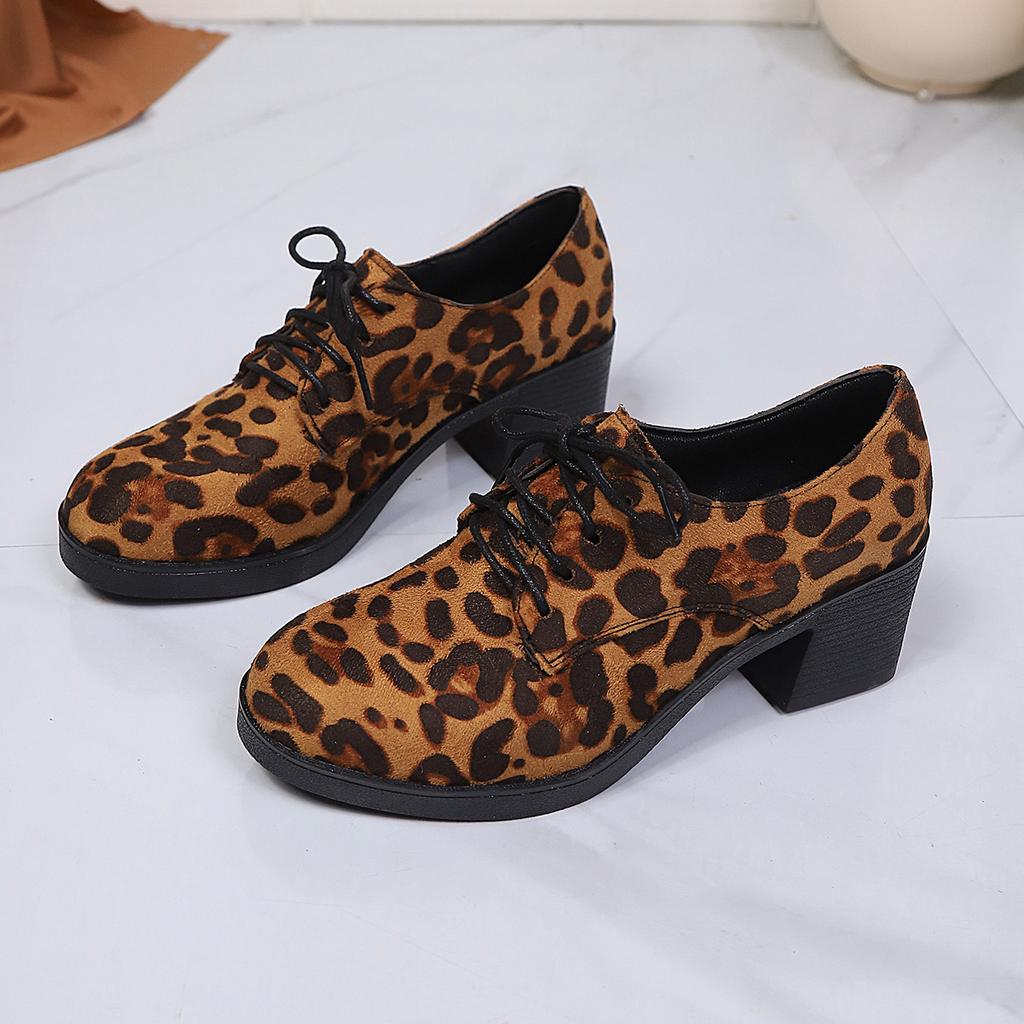 British Style Mid-heel Professional Single Shoe Women's 2025 Autumn New Lace-up Leopard Print Plus-size Retro Leather Shoes
