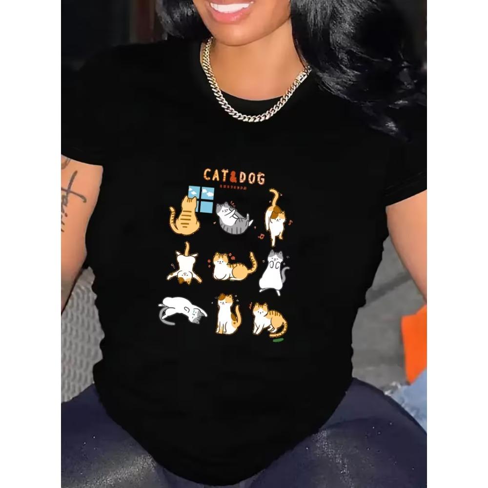 Women's short sleeved T-shirt, multiple cats posing in interesting positions