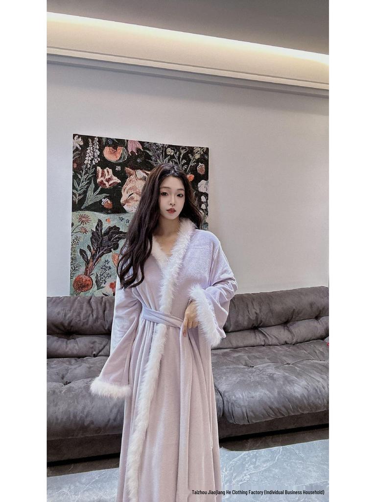 Carat Lover French Fleece-Lined Bathrobe & Camisole Long Dress - Women's Sexy Autumn/Winter Collection