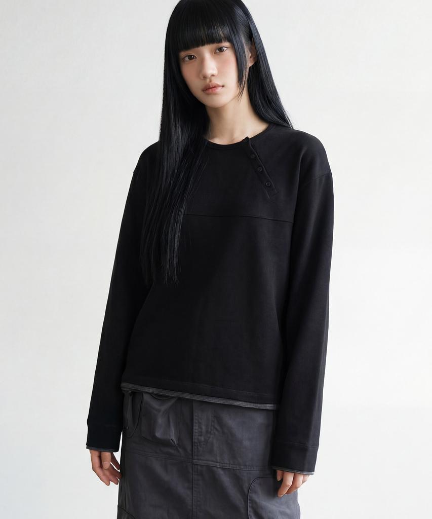 Awodeijeu Layered Stripe Henley Neck Long Sleeve [Black]