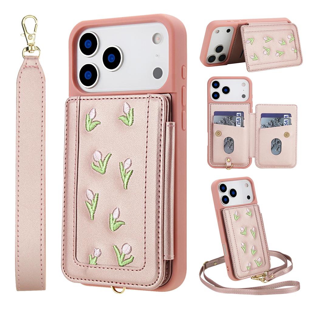 Crossbody Zipper Cards Solt Wallet Embroidery Leather Case for iPhone 17 Pro Max 16 Plus 15 14 13 12 Book Stand Skin Feel Cover