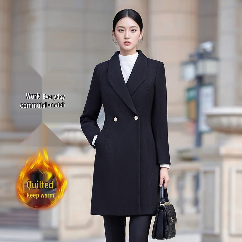 Women s Black Mid-length Padded Wool Blend Winter Coat S