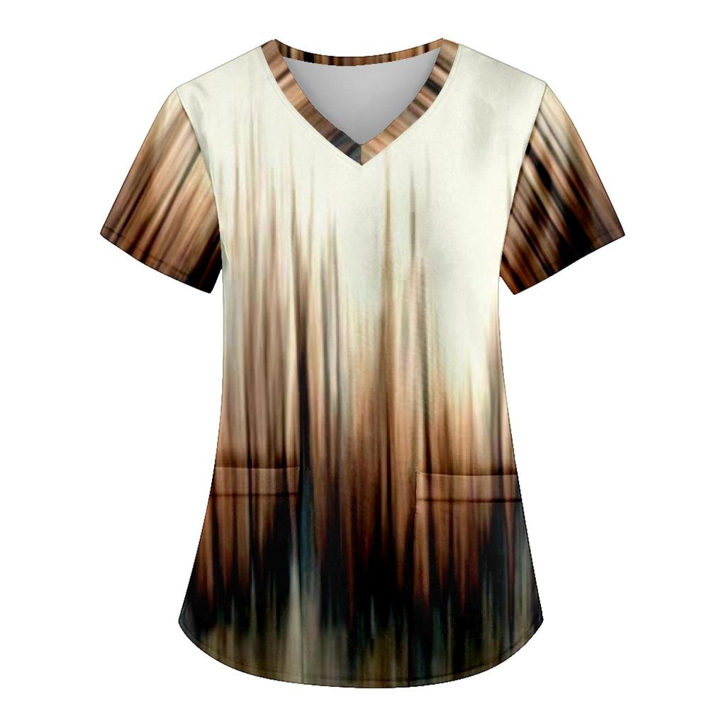 Women's Fashion Printed Work Uniform With Pocket T-Shirt Short Sleeve Top