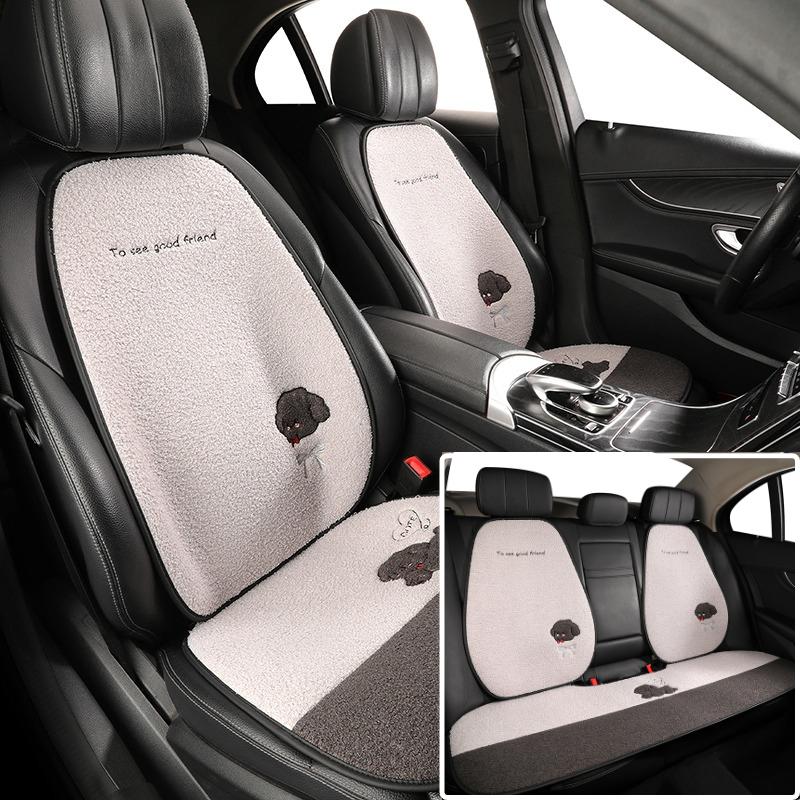5 Seats Funny Puppy Car Seat Cover Fleece Fabric PU Leather Warm Comfortable Quick Installation Fits Most Cars