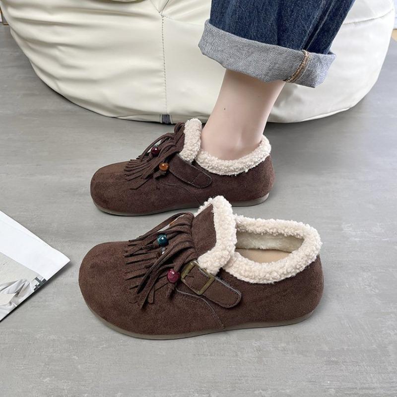 

Осень и зима ретро новые универсальные кисточки мягкая подошва ленивые пушистые хлопковые туфли 40