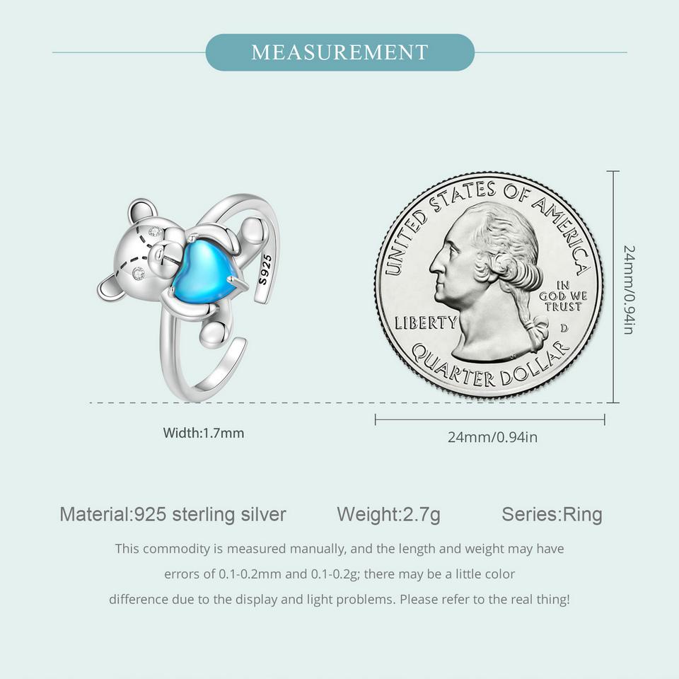 WOSTU 925 Sterling Silver Embracing Bear Opening Ring Blue Heart Crystal Statement Rings Original Jewelry Party Anniversary Gift