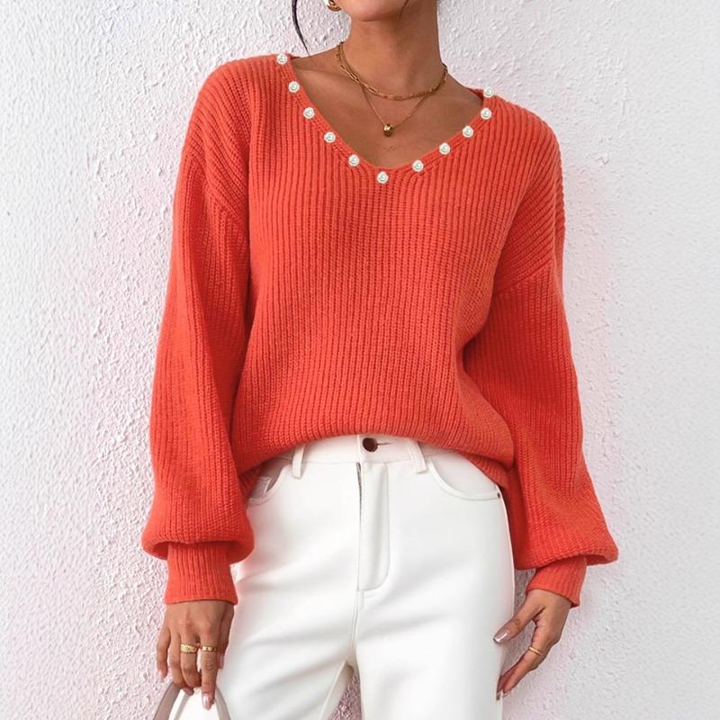 Autumn Winter Loose Casual Fashion Beading Sweater Women V-neck Solid Color All-match Pullover Knitting Top