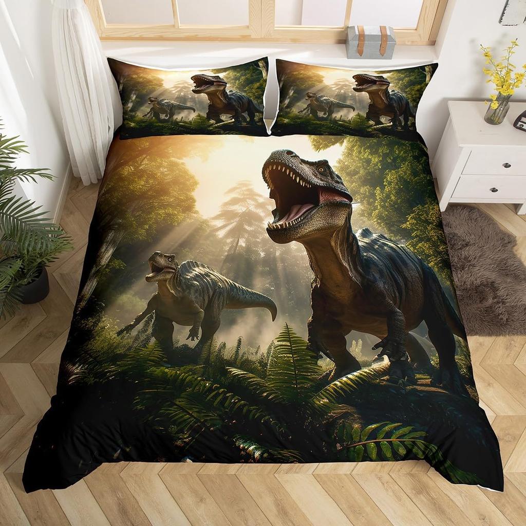 Kids Dinosaur Duvet Cover Twin Queen Bedding Set for Boys Teen Cartoon Jungle Dino Comforter Cover,3D Ancient Animal Quilt Cover
