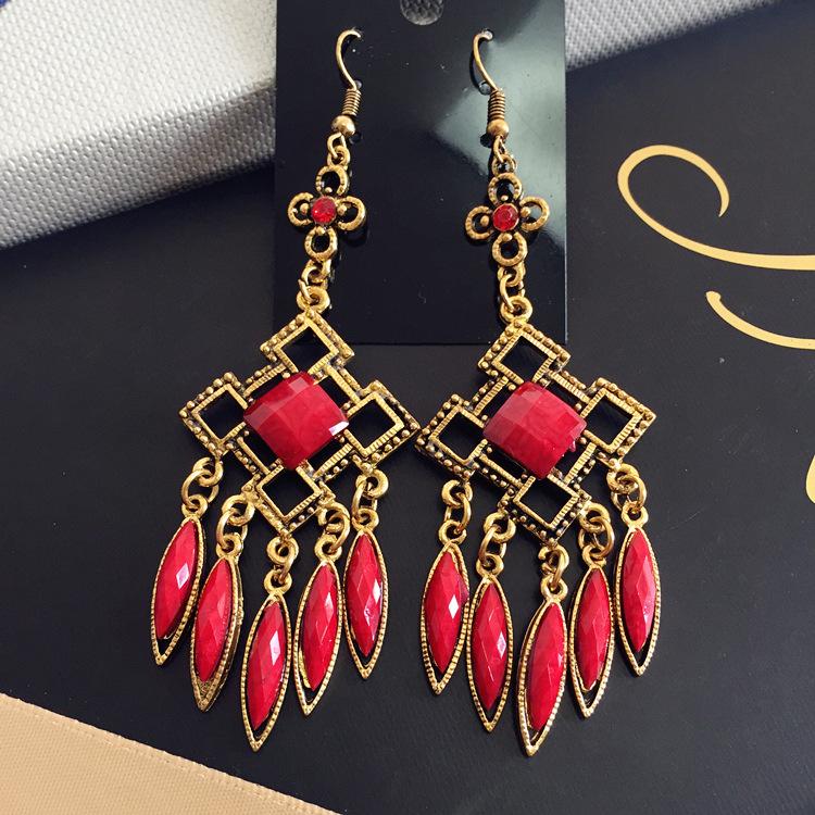 Vintage court gem set earrings long temperament bohemian earrings niche earrings women