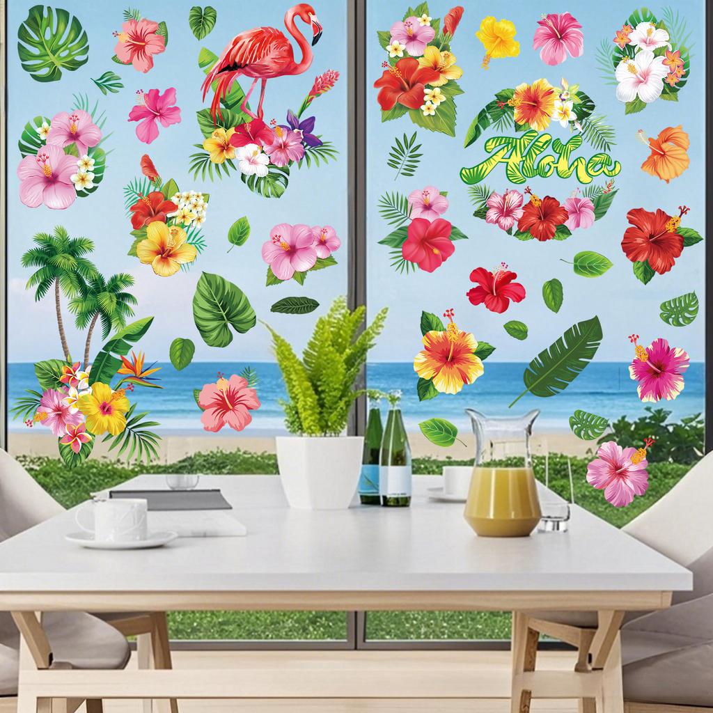 Summer Window Stickers Hawaiian Hibiscus Flower Static Stickers Decorate Party Window Stickers