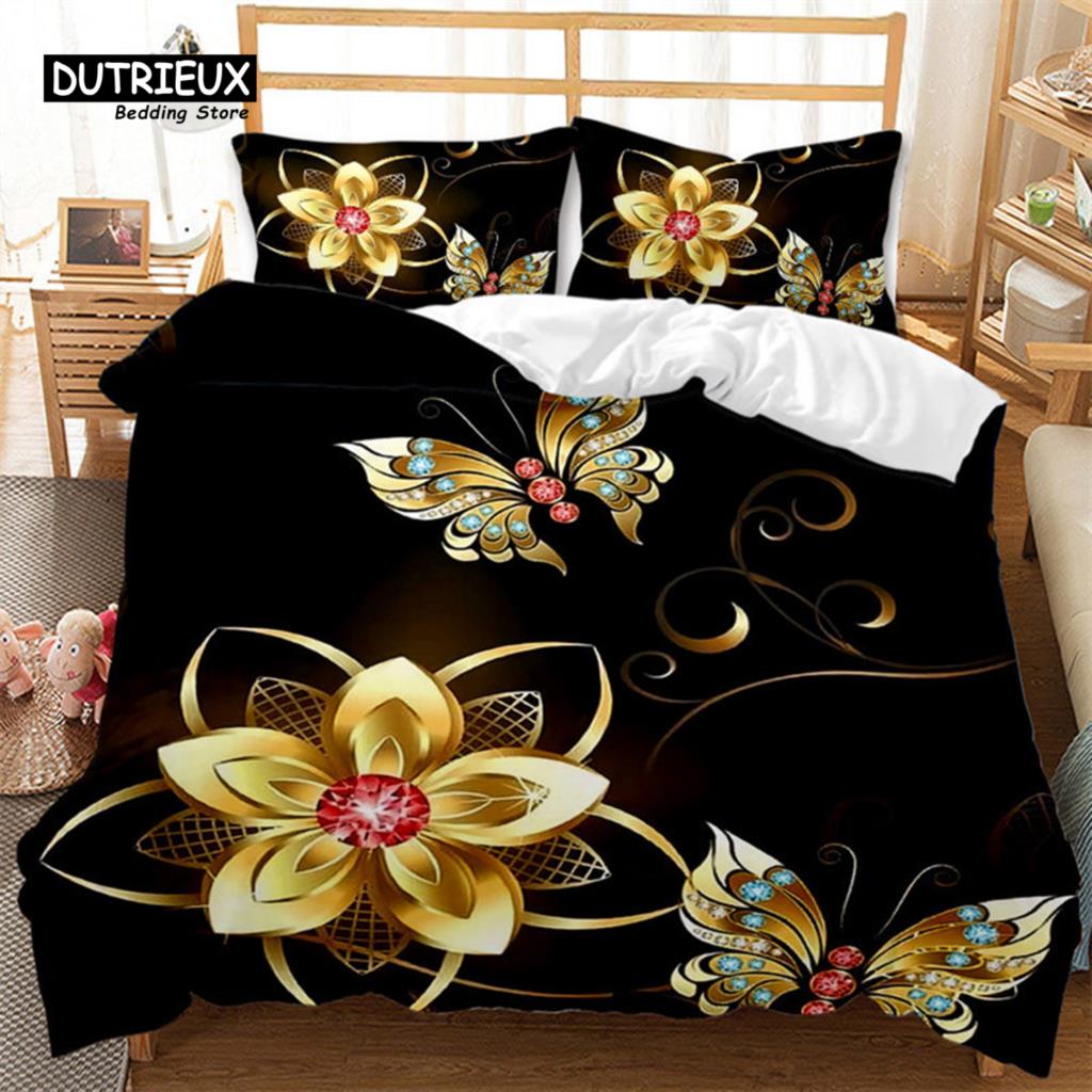 Comforter Golden Butterfly And Floral Bedding Set Queen Print Black For Kids Girls Boys Adults Bedroom Decor