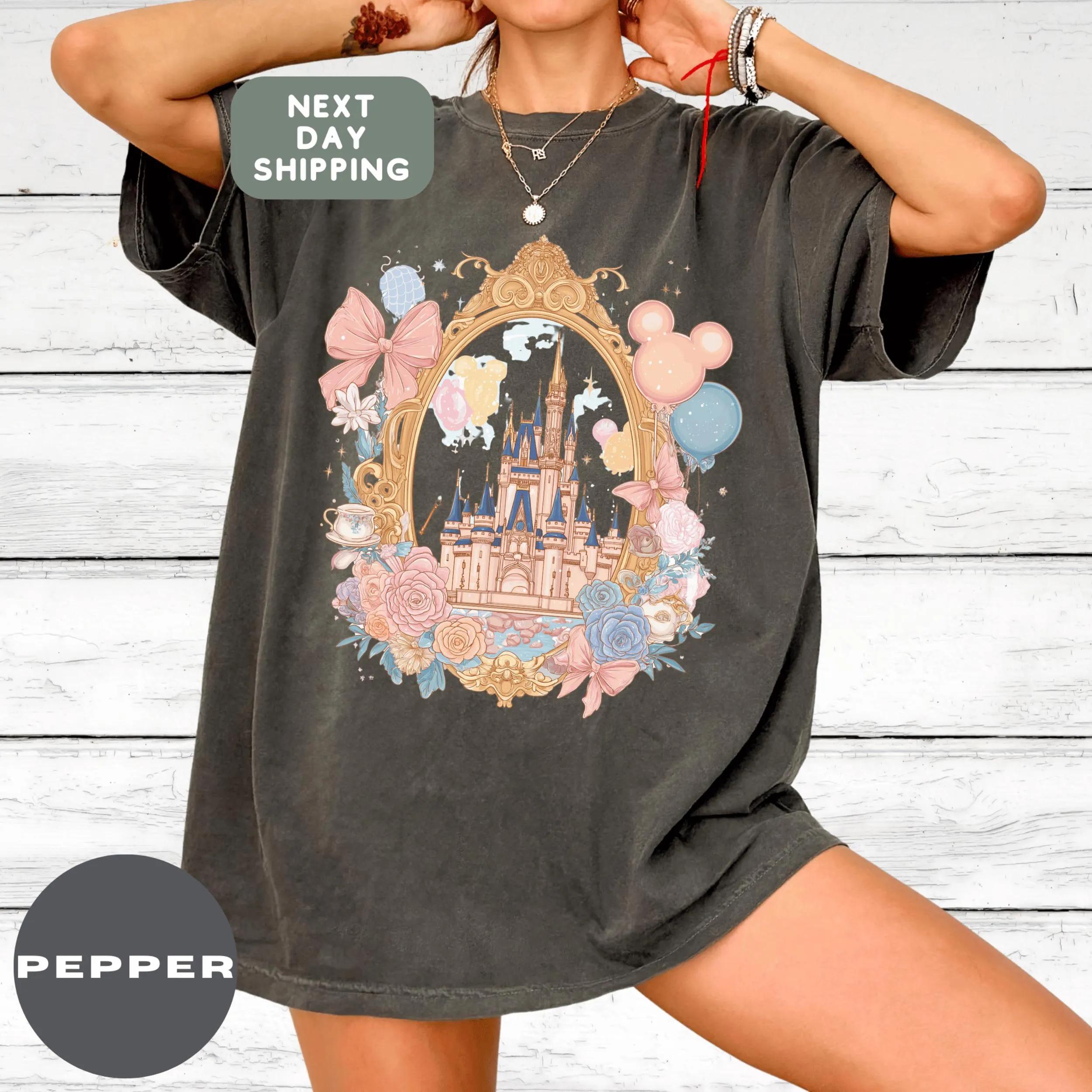 Castle Pattern Tshirt Adorned with Flowers and Balloons Fairy Tale Themed Summer New Unisex Casual Tshirt S