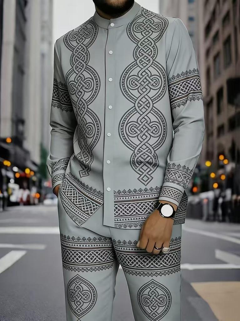 1116 Spring and Autumn Men's Men's Suit 1D Printed African Ethnic Style Stand-Up Neck Long Sleeve Pants Shirt Hugh