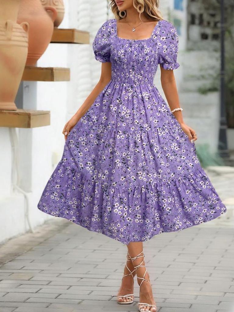 Floral Square Collar Ruched Waist Bubble Sleeve Layered Dress Sweet Style Dress