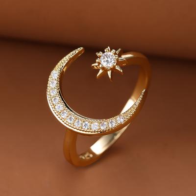 Gold Color Men Women Moon Star Adjustable Ring Crescent White Stone Opening Ring Jewelry