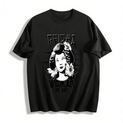Geisha Woman Of Art Print Top Retro Japanese Culture Casual T-shirt Pure Cotton T-shirt