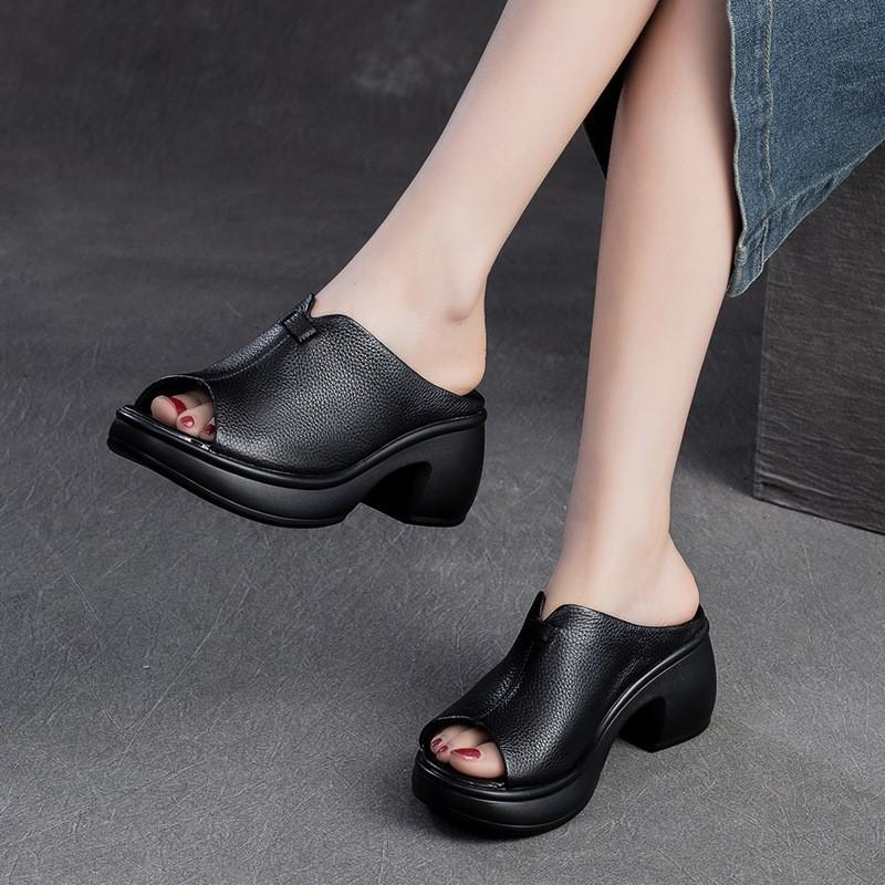 Johnature Pantoufles à bout ouvert et semelle épaisse en cuir véritable, sandales rétro, chaussures confortables et décontractées pour femmes
