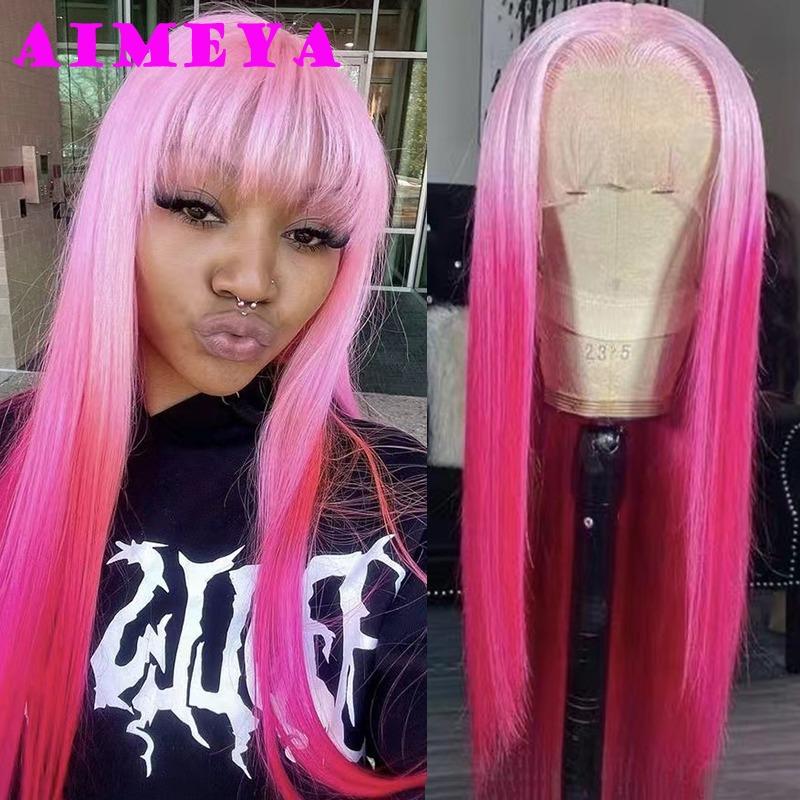 AIMEYA Long Straight Ombre Pink Wig Fashion Silky Synthetic Lace Front Wig Halloween Cosplay Makeup Heat Resistant Fiber Hair