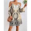Women Bohemian Print Cold Shoulder Mini Dress Casual Long Sleeve A Line Dress