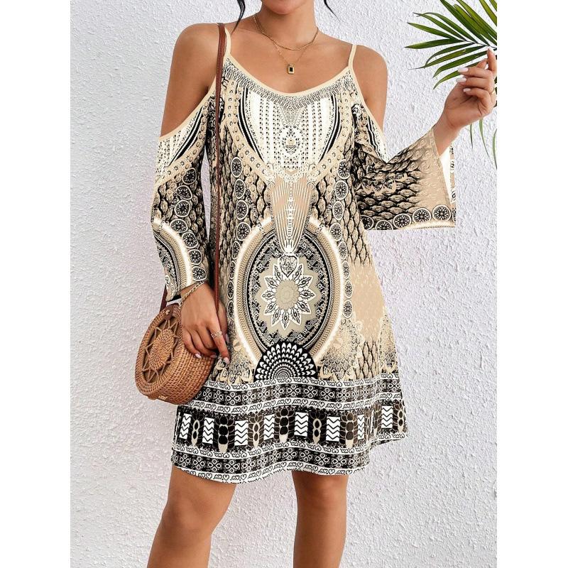 Women Bohemian Print Cold Shoulder Mini Dress Casual Long Sleeve A Line Dress