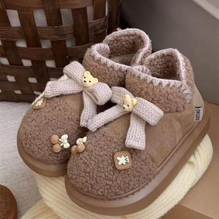 High-value Cute Bear Bow Lamb Wool Parent-child Snow Boots Women's Velvet Thickened Bottom Warm 2468