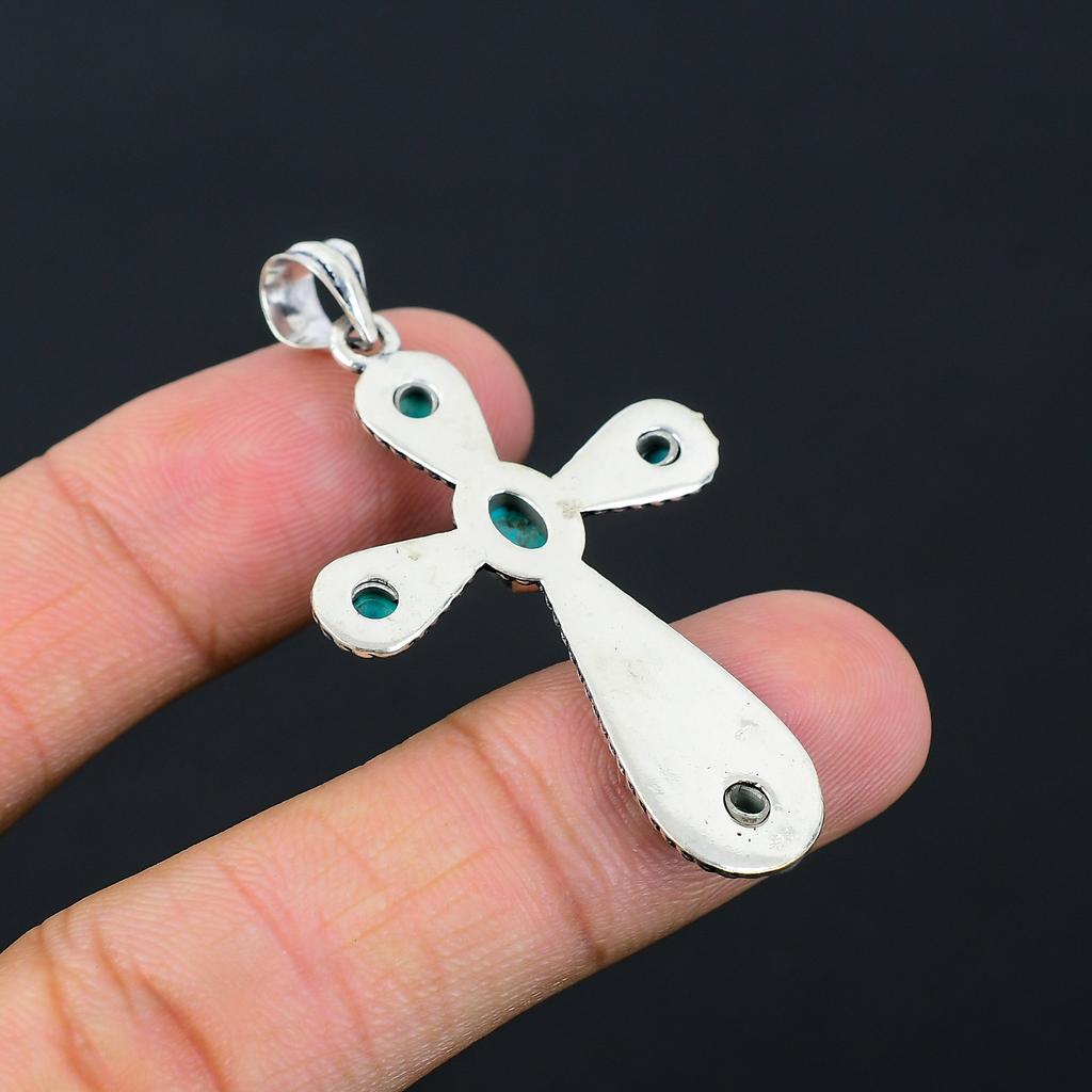 Pietră prețioasă Turcoaz Tibetan Lucrat manual Argint Sterling 925 Pandantiv Cruce 2.10" Q7j06