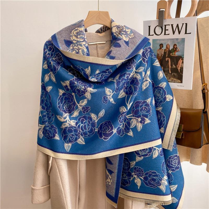 Cute flower cashmere scarf feel fringed shawl soft girl winter student scarf warm thickened scarf
