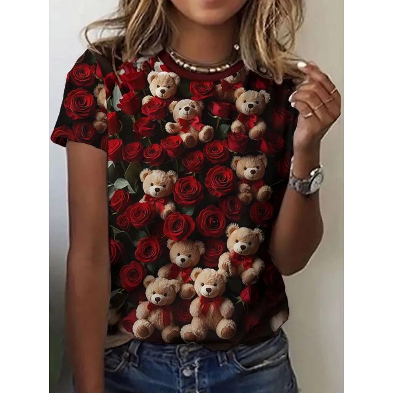 Fashion Women's Rose Love Short Sleeve Crew Neck T-Shirt 3D Rose Love Color Printing Crew Neck Short Sleeve