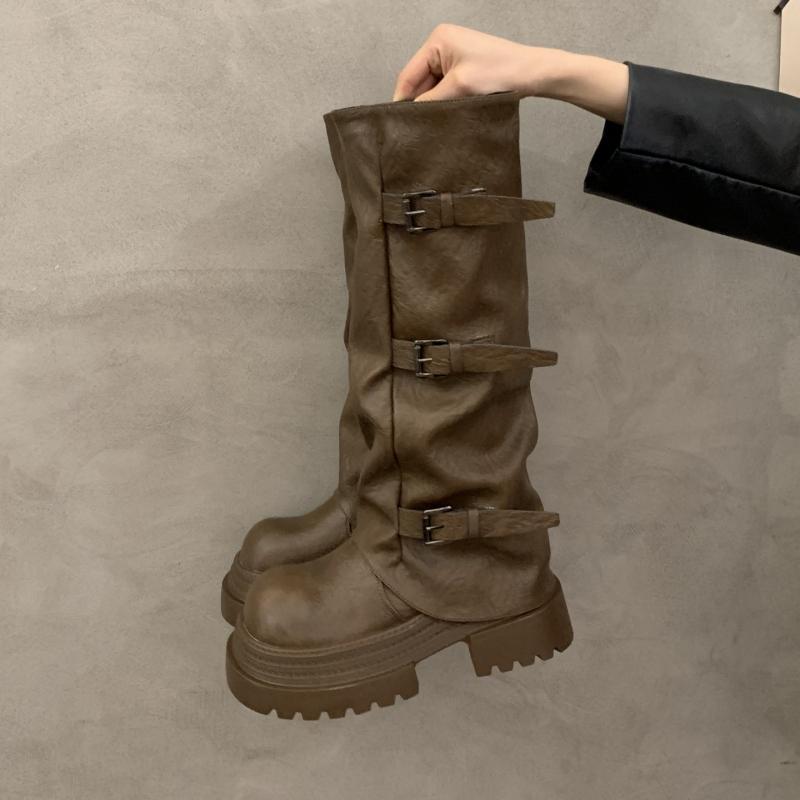 Vintage Platform Thick Sole Woman Knight High Boots Fashion Belt Buckle Long Booties Botas De Inverno Feminina
