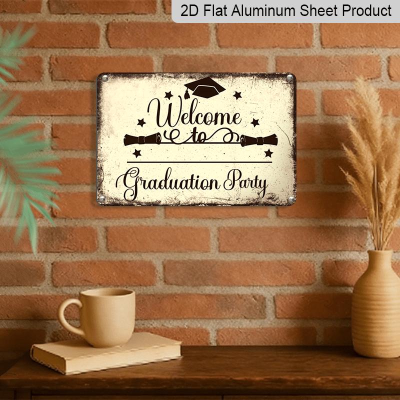 2D Flat, 1pc Vintage Graduation Party Aluminium Sign 8x12 Inch - "Welcome To Graduation Party" Quote, Grad Cap & Diploma Design, Distressed Beige