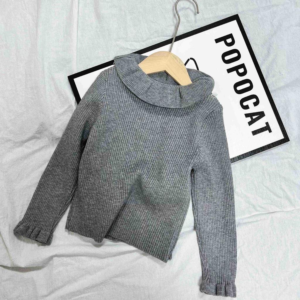 Kids Autumn Winter Ruffled Collar Knit Sweater Solid Stretchy Base Layer Top