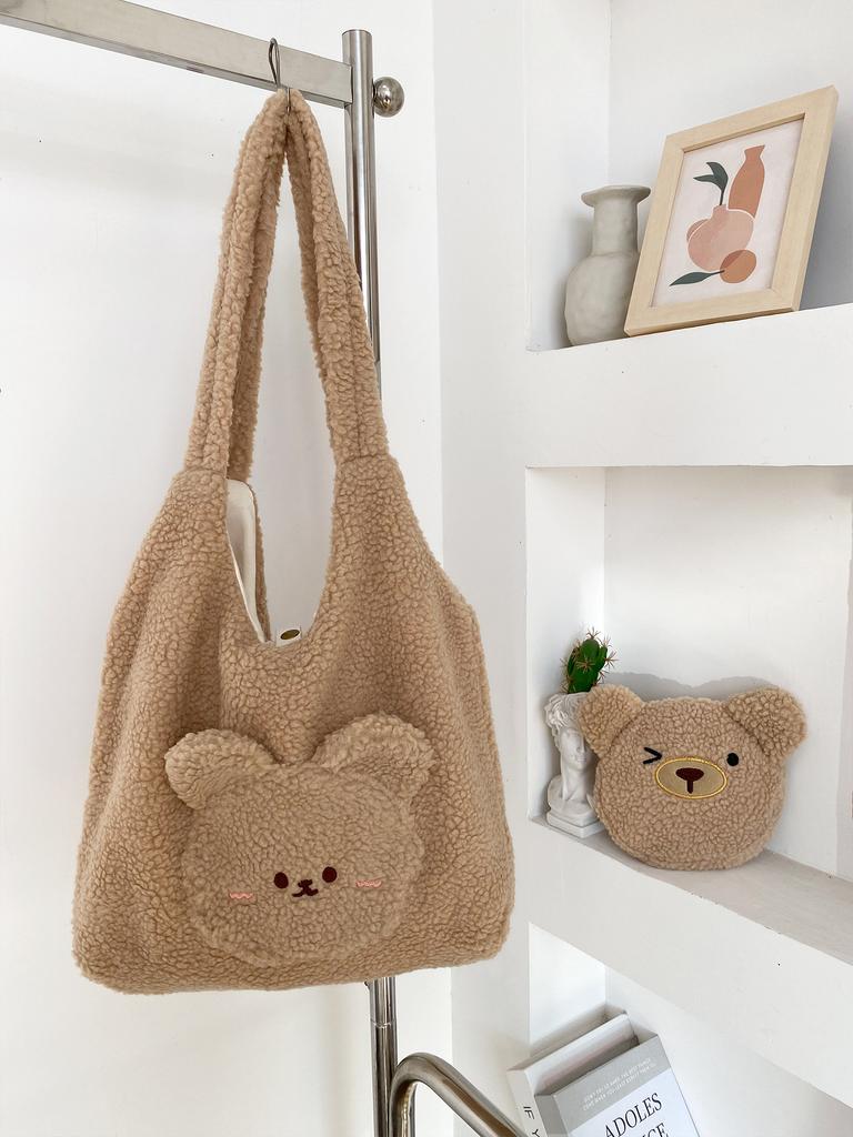 Cute Bear Faux Lamb Wool Women's Shoulder Bag Fall Winter Large Capacity Female Tote Bag Carto Embroidery Ladies Messenger Bag