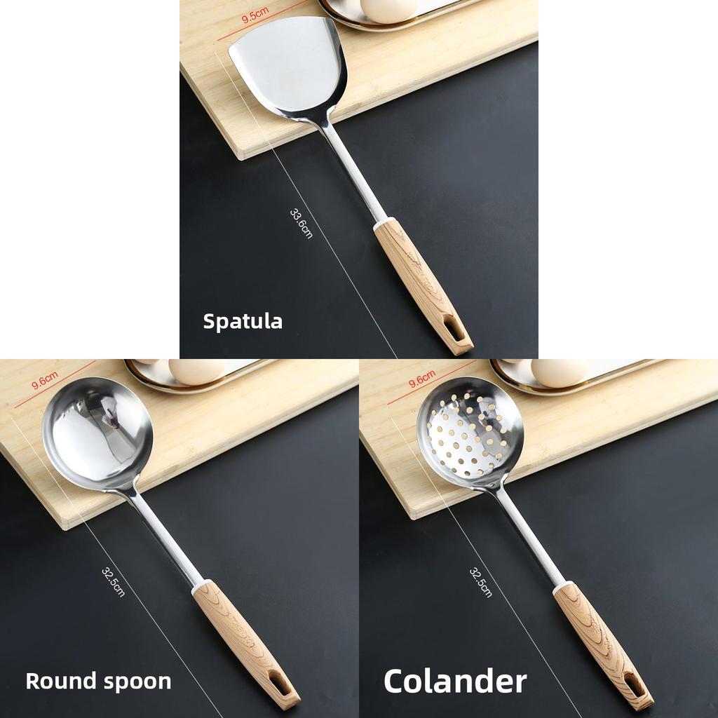 Stainless Steel Cooking Spatula Set With Wooden Handles For Home Kitchen