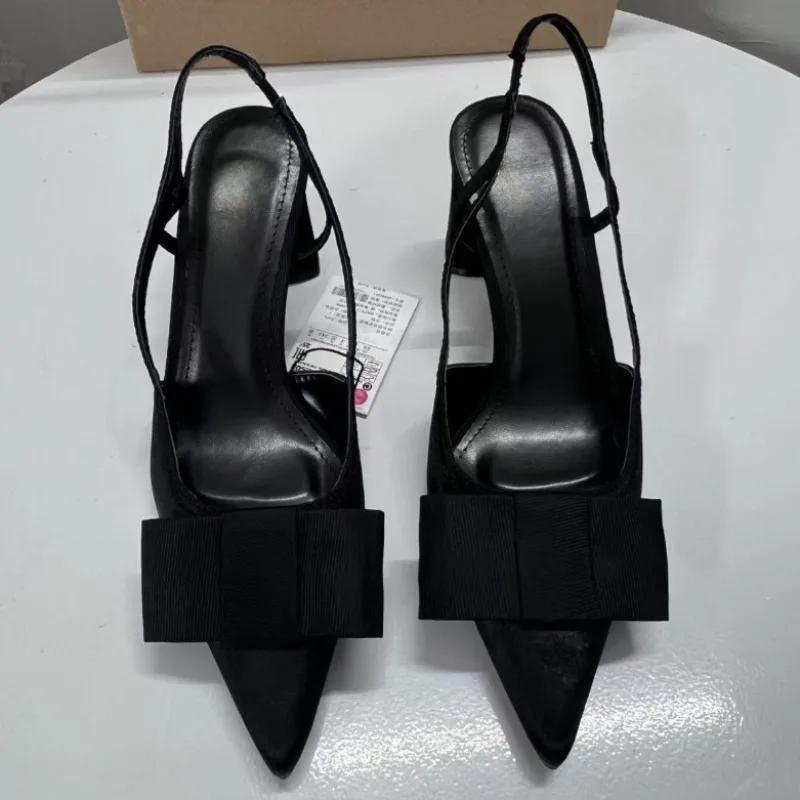 Pointed Toe Women Shoes Woman 2025 Spring Black Retro Bow Decoration High Heels Shallow Slingbacks Elegant Ladies Pumps