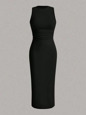 Dress Phumee Round Neck Sleeveless Slim Fit  Pleated A2313